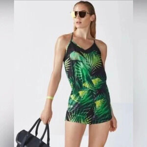 Fabletics Women's Dash Romper Rainforest Palm Tropical Print Romper Sz L